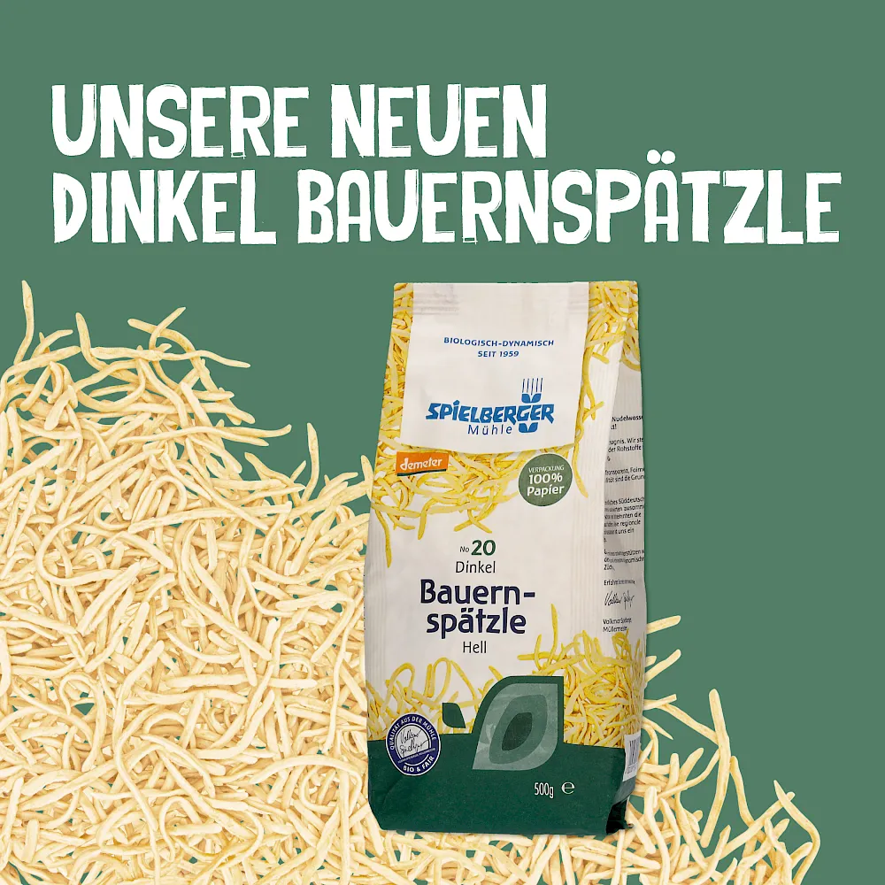 Neuprodukt der Spielberger Mühle: Dinkel Bauernspätzle hell